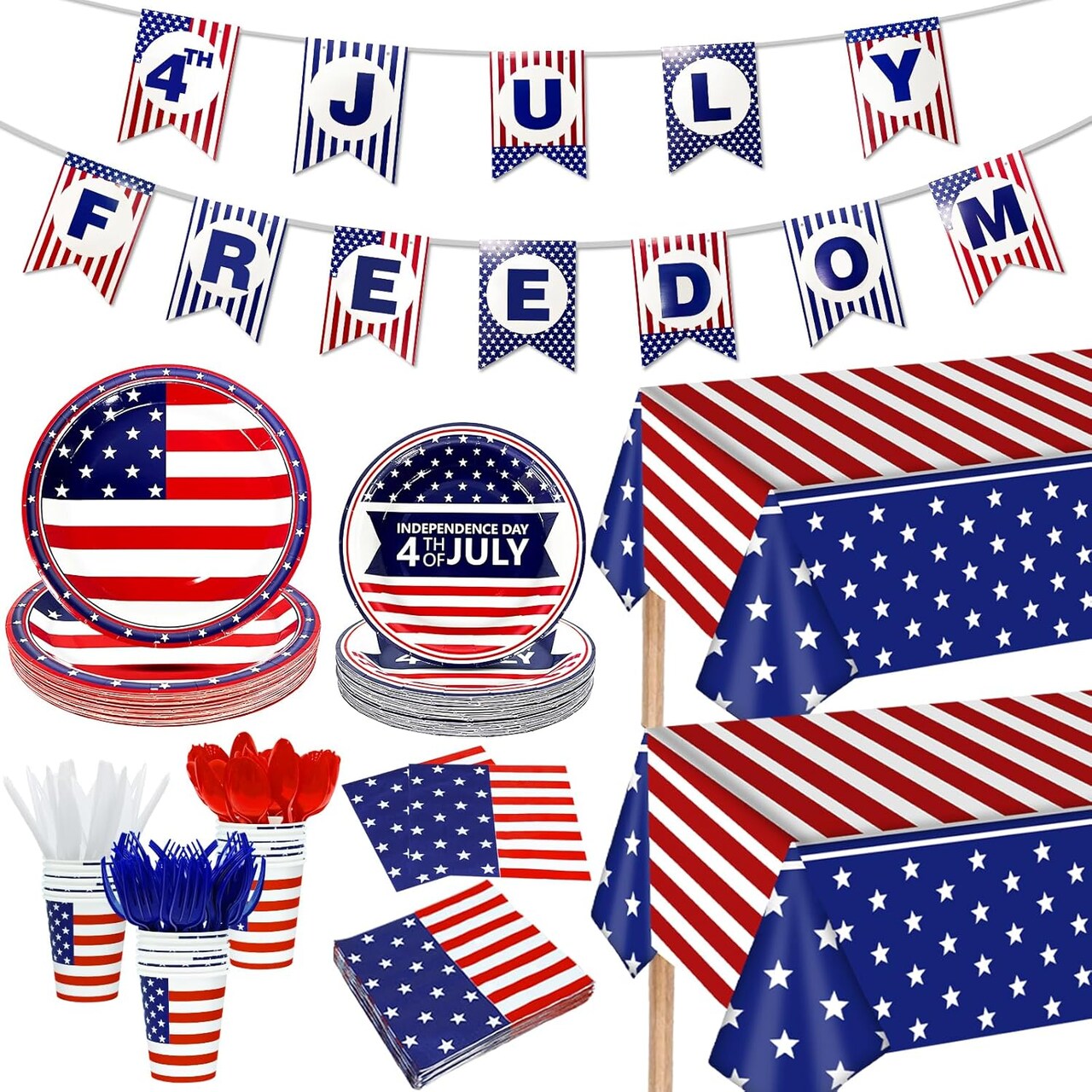 214 PCS 4th of July Party Decorations,Include American Flag Tablecloths,Paper Plates Cups Napkins Cutlery Forks Spoons(Red, White and Blue)